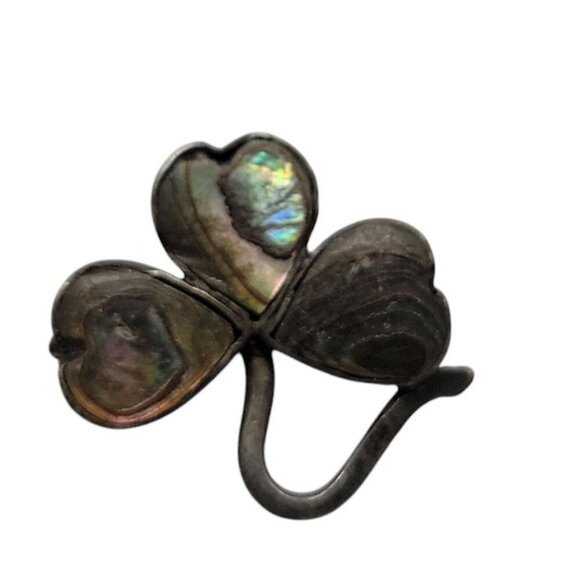 Sterling Abalone 3 Leaf Clover Pin Antique 925 C Clasp Small Silver Pin - Picture 3 of 8
